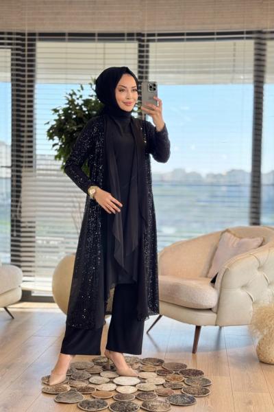 5206 Pulpayet Şifon Ceketli 3lü Takım Siyah