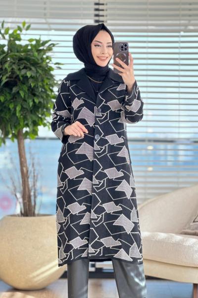 5210 Geometrik Desen Uzun Hırka Siyah