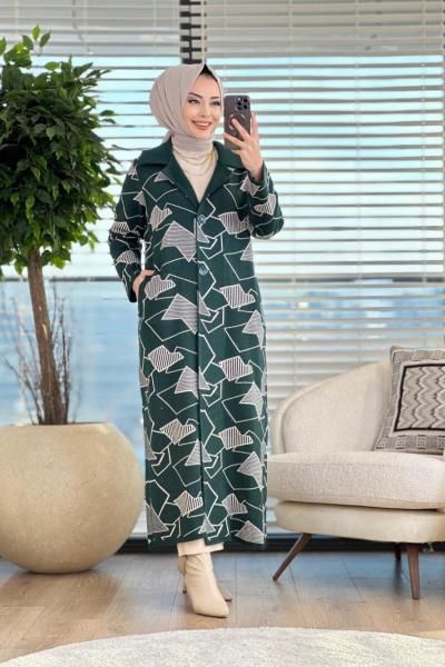 5210 Geometrik Desen Uzun Hırka Zümrüt