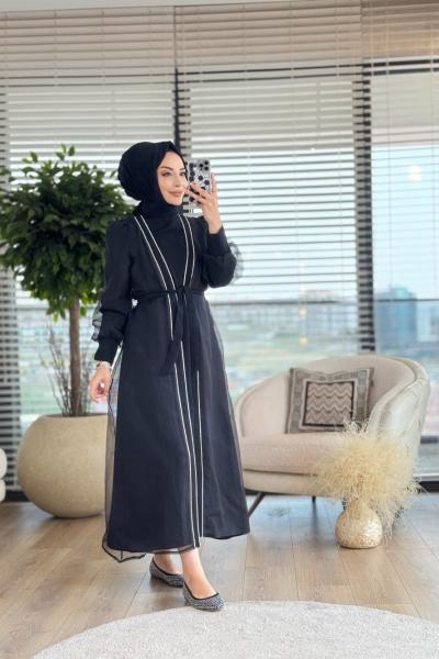 5212 Üst Şifon Yaka Kenarı Taş Detay Elbise Siyah