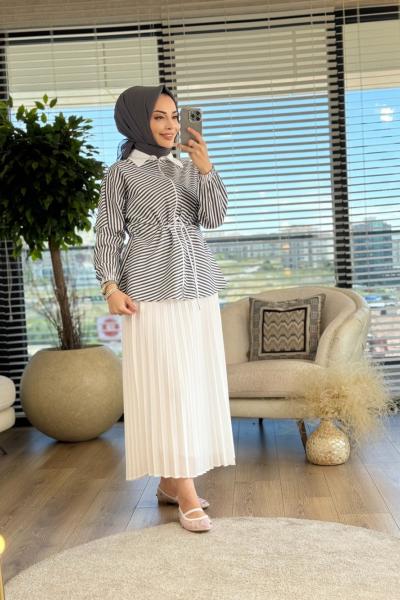 5216 Üst Çizgili Fermuarlı Etekli Takım Siyah