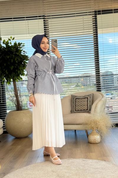 5216 Üst Çizgili Fermuarlı Etekli Takım Lacivert