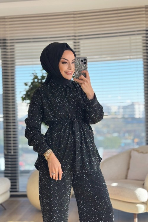 5249 Üstü Simli Taş Baskılı Takım Siyah