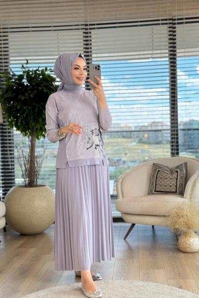 5256 Ön Gül Baskı Üstü Taş İşlemeli Takım Gri