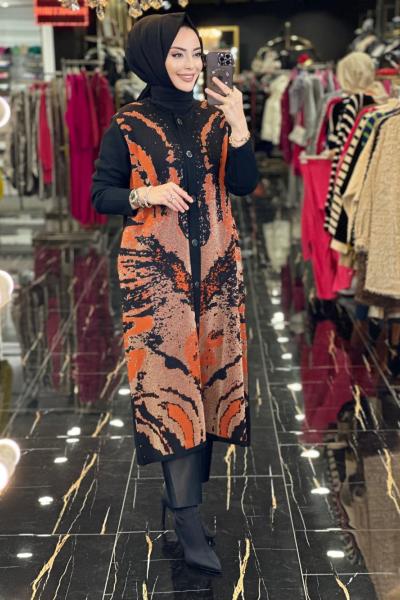 5261 Ön Kend.Sim Desenli Sıfır Yaka Uzun Hırka Siyah