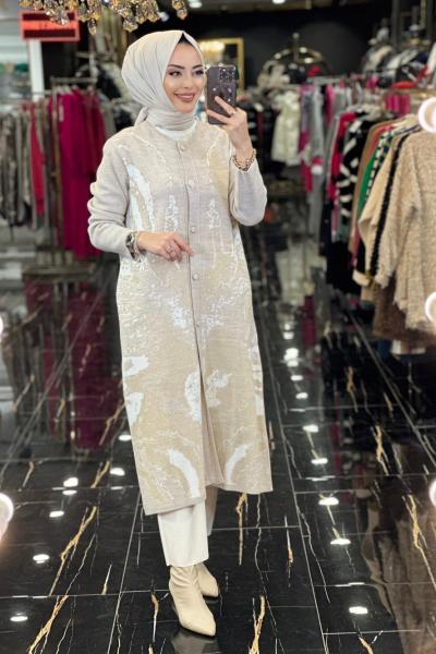 5261 Ön Kend.Sim Desenli Sıfır Yaka Uzun Hırka Bej