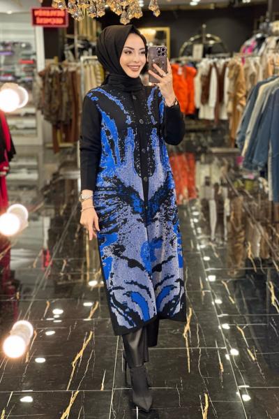 5261 Ön Kend.Sim Desenli Sıfır Yaka Uzun Hırka Siyah Saks