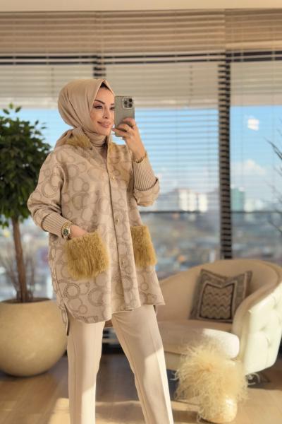 5265 Üst Baskılı Cebi Kürklü Hırka Bej
