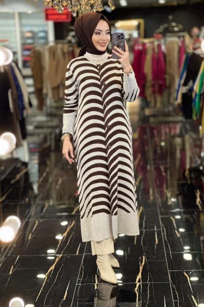 5270 Enine Verev Çizgili Triko Uzun Hırka Kahve