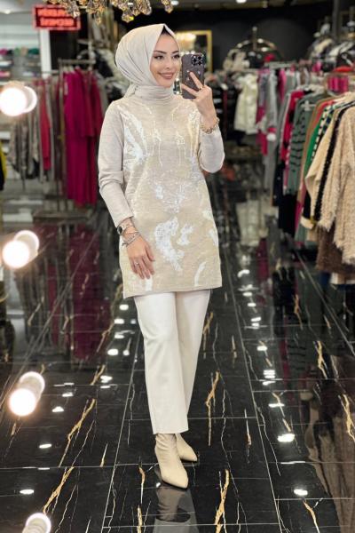 5272 Önü Sim Desenli Triko Tunik Bej