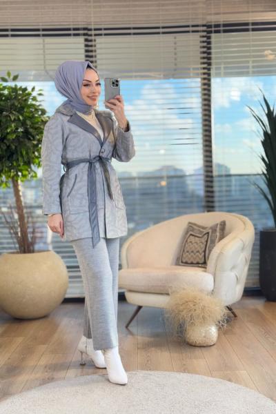 5275 Üst Baskılı Yaka Derili Hırka Gri