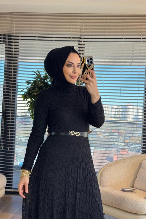 5280 Dantel Kemerli Elbise Siyah