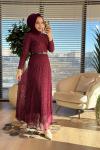 5280 Dantel Kemerli Elbise Bordo