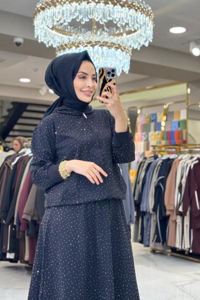 52826 Taş Baskılı Kapşonlu Fermuarlı Etekli Takım Siyah