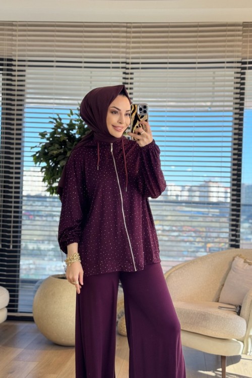 52838 Taş Baskılı Fermuarlı Pantolonlu Takım Bordo