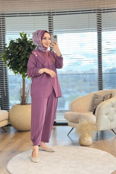 5352 Düğme Detaylı Takım Gül