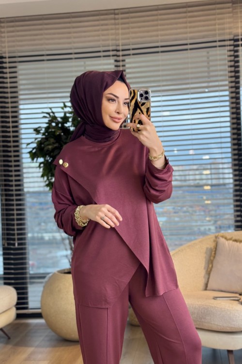 5352 Düğme Detaylı Takım Mürdüm