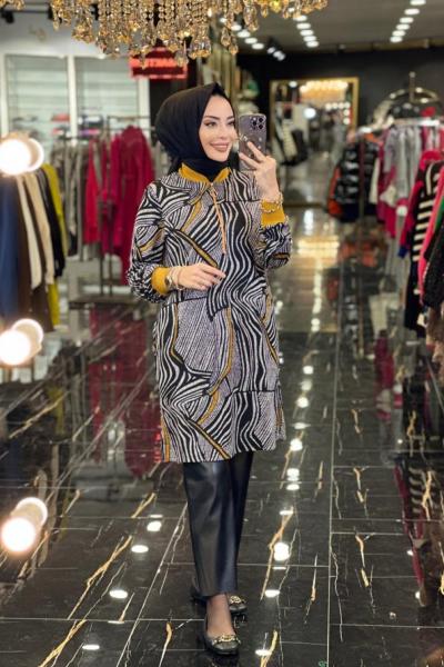 5375 Karışık Desen Patı Fermuarlı Tunik Siyah Hardal