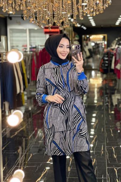 5375 Karışık Desen Patı Fermuarlı Tunik Siyah Saks