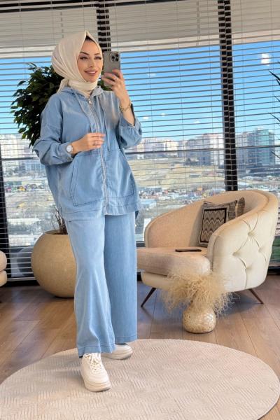 5398 Tencel Ön Fermuarlı Kapşonlu Takım Mavi