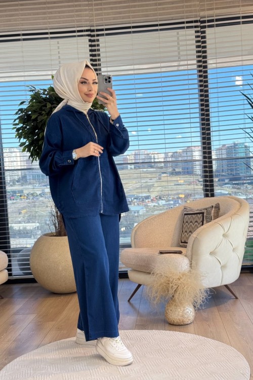5398 Tencel Ön Fermuarlı Kapşonlu Takım Lacivert