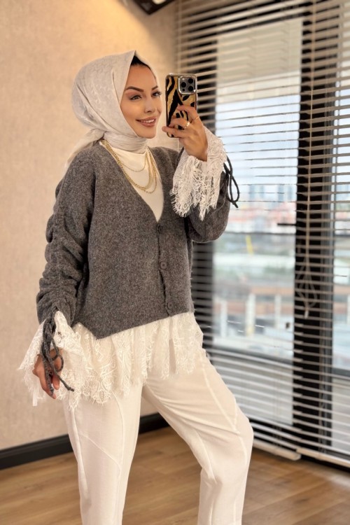 5402 Kolları Büzgülü Dantel Detaylı Hırka Antrasit