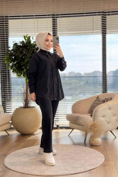 5413 Tencel Önden Düğmeli Takım Siyah