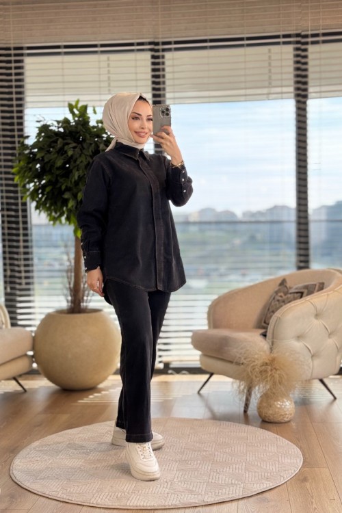 5413 Tencel Önden Düğmeli Takım Siyah