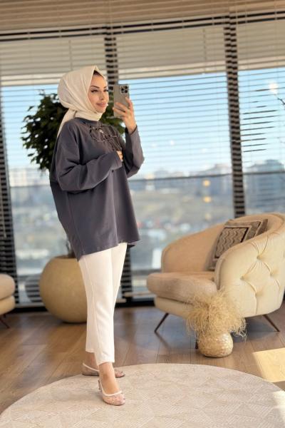 5465 Ön Büyük Fiyonk Pul İşlemeli Tunik Antrasit