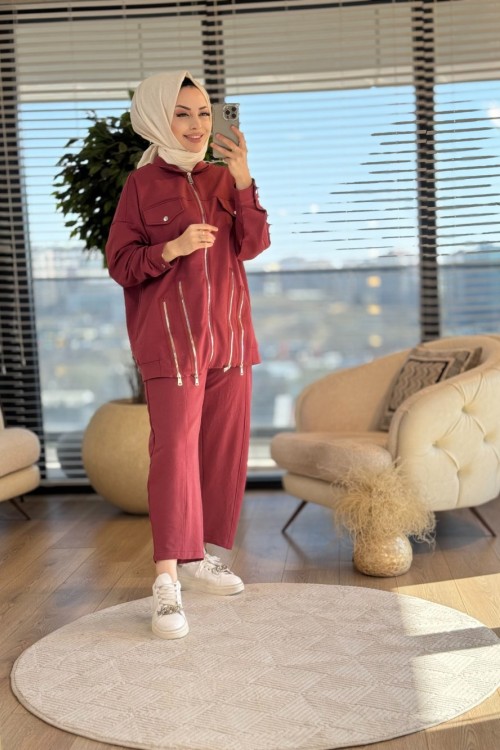 5467 Ön Ve Etek Ucu Fermuar Detaylı Takım Bordo