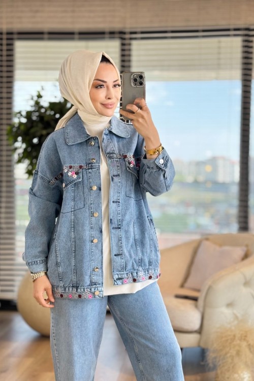5470 Cep Üstü Düğme İşlemeli Kot Ceket Mavi