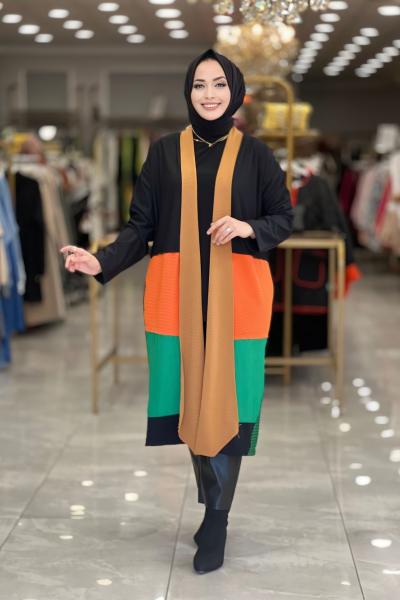 5470 Renkli Parçalı Uzun Hırka Siyah