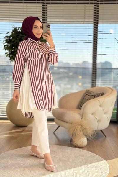 5500 Çizgili Yanları Fermuarlı Ve Piliseli Uzun Gömlek Bordo