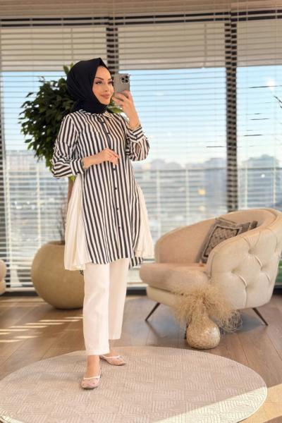 5500 Çizgili Yanları Fermuarlı Ve Piliseli Uzun Gömlek Lacivert