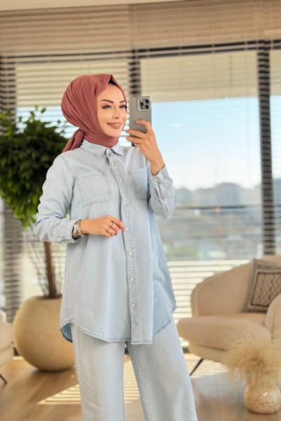 5503 İki Cepli Tencel Tunik Mavi