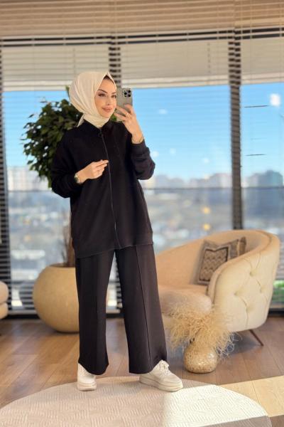 5505 Ön Ve Pantolon Serpme Taşlı Fermuarlı Takım Siyah