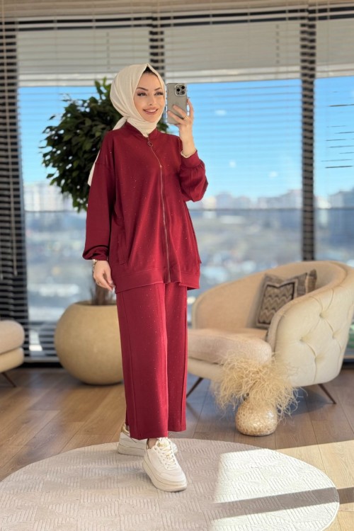 5505 Ön Ve Pantolon Serpme Taşlı Fermuarlı Takım Bordo