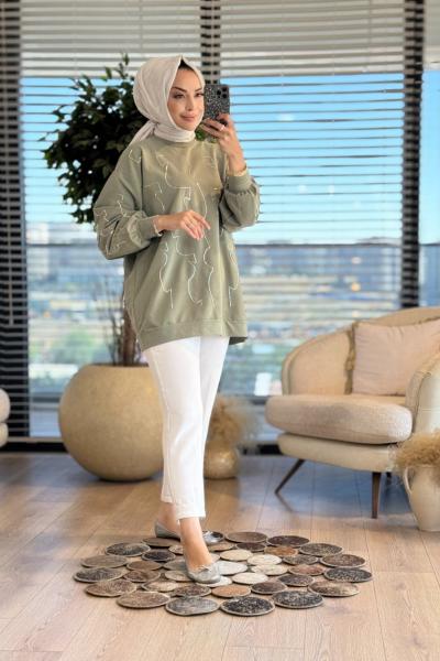 5521 Önü Kolu Çubuk Boncuk İşli Tunik Çağla