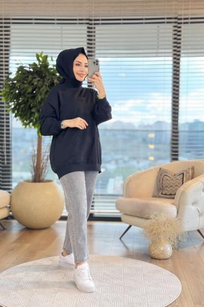 5529 Ön Serpme Boncuk Kelebek İşli Tunik Siyah