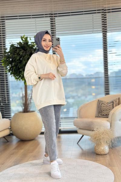 5529 Ön Serpme Boncuk Kelebek İşli Tunik Ekru