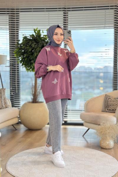 5529 Ön Serpme Boncuk Kelebek İşli Tunik Mürdüm