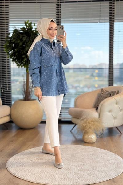 5563 Üstü Saçaklı Kot Gömlek Mavi