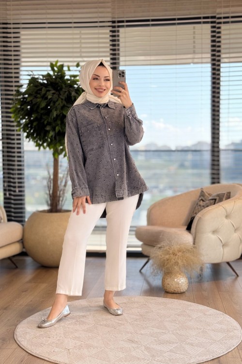 5563 Üstü Saçaklı Kot Gömlek Siyah
