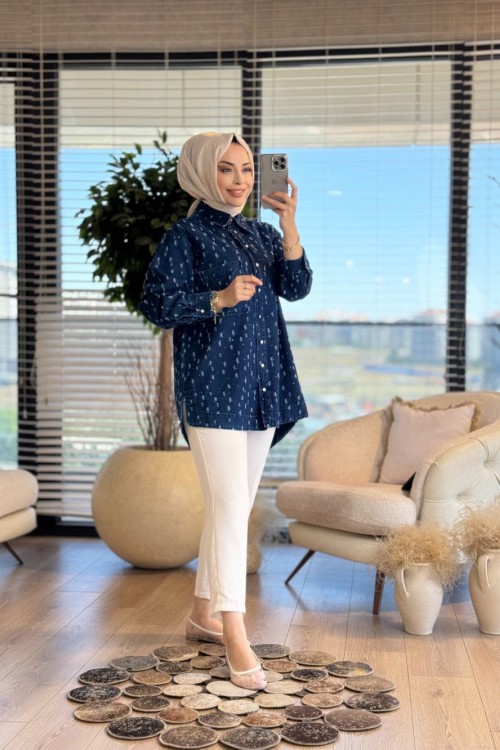 5563 Üstü Saçaklı Kot Gömlek Lacivert