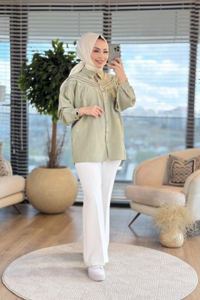 5565 Ön V İnci İşli Gömlek Çağla