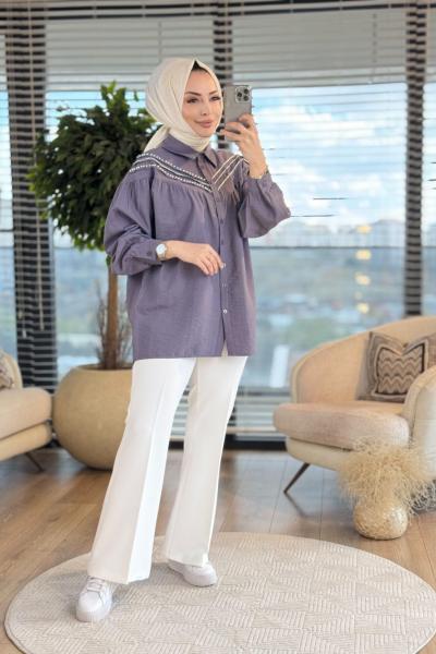 5565 Ön V İnci İşli Gömlek Antrasit