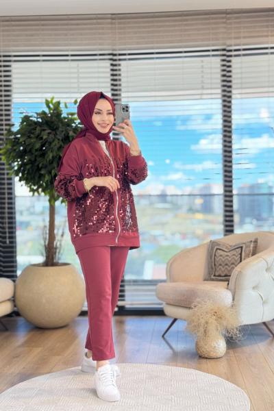 5567 Ön Ve Kol Pul İşlemeli Takım Bordo