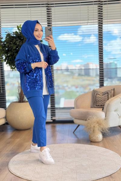 5567 Ön Ve Kol Pul İşlemeli Takım Saks