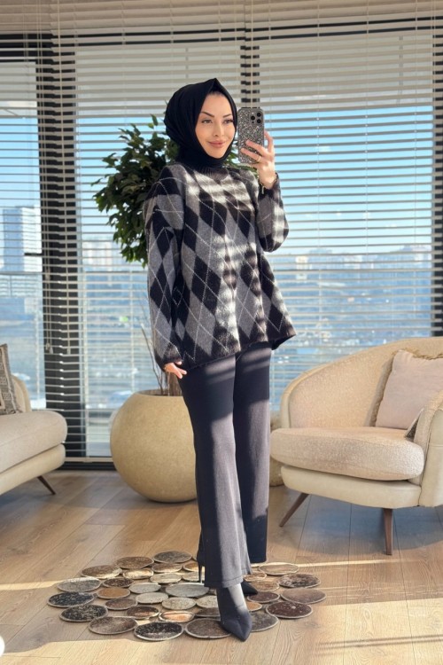 5581 Baklava Desenli Triko Tunik Siyah