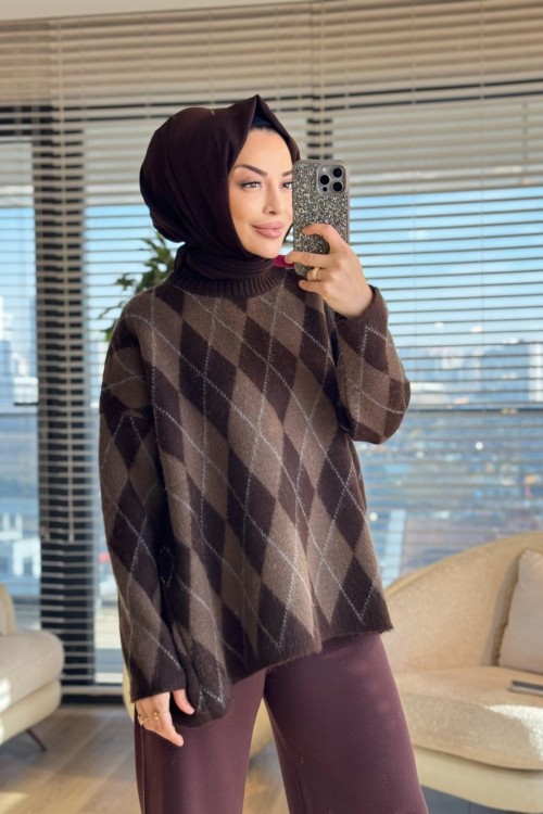 5581 Baklava Desenli Triko Tunik Kahve